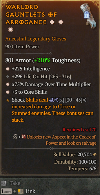 Legendary Gloves Int(GA) DoT Multi(GA) Core// S13 24/7 Online Acc#1C543