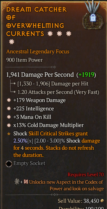 Legendary Focus Weapon Dmg(GA) Int(GA) Mana/Kill(GA)/Cold Multi(GA)/ S13 24/7 Online Acc#1C552