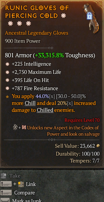 Legendary Gloves Int(GA) Life/HP(GA) LoH(GA)/Fire Res(GA)/ S13 24/7 Online Acc#1C553
