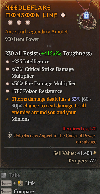 Legendary Amulet Int(GA) CDM(GA) Fire Multi(GA)/Poison Res(GA)/ S13 24/7 Online Acc#1C554