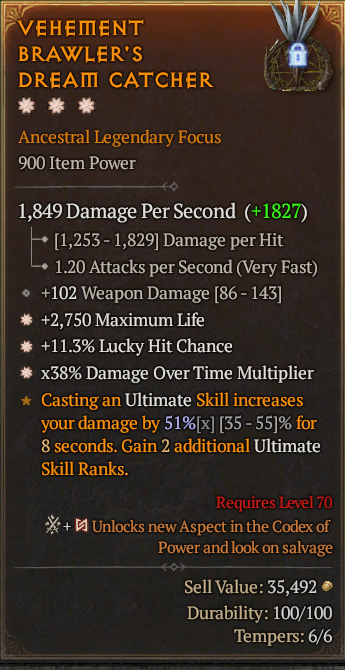 Legendary Focus Life/HP(GA) Lucky(GA) DoT Multi// S13 24/7 Online Acc#1C558