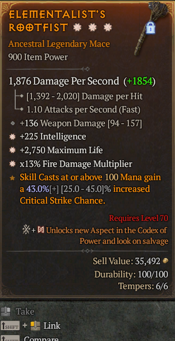 Legendary Mace Int(GA) Life/HP(GA) Fire Multi// S13 24/7 Online Acc#1C6110