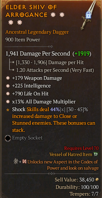 Legendary Dagger Weapon Dmg(GA) Int(GA) LoH(GA)/AD(GA)/ S13 24/7 Online Acc#1C6210