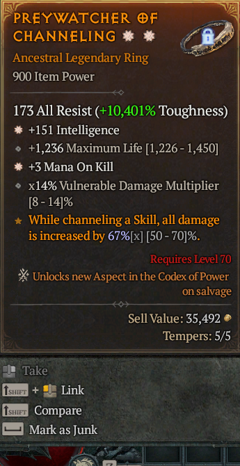 Legendary Ring Int(GA) Mana/Kill(GA) // S13 24/7 Online Acc#1C639