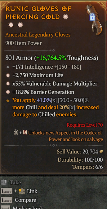 Legendary Gloves Life/HP(GA) Vuln Multi(GA) Barrier// S13 24/7 Online Acc#1C649