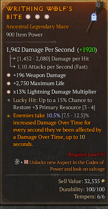 Legendary Mace Weapon Dmg(GA) Life/HP(GA) Lightning Multi// S13 24/7 Online Acc#1C6410