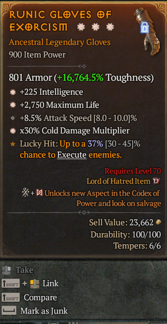 Legendary Gloves Int(GA) Life/HP(GA) Cold Multi// S13 24/7 Online Acc#1C659