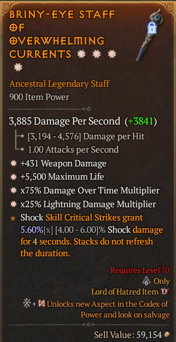 Legendary Staff Weapon Dmg(GA) Life/HP(GA) DoT Multi(GA)/Lightning Multi(GA)/ S13 24/7 Online Acc#1C716