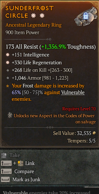 Legendary Ring Int(GA) Regen(GA) Life/Kill// S13 24/7 Online Acc#1C725