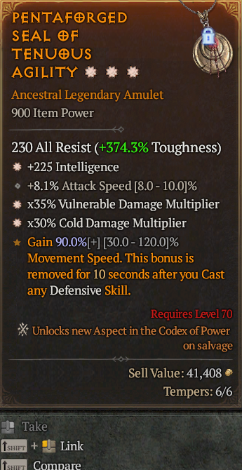 Legendary Amulet Int(GA) Vuln Multi(GA) Cold Multi// S13 24/7 Online Acc#1C734