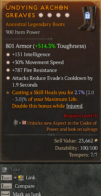 Legendary Boots Int(GA) MS(GA) Fire Res(GA)/Evade Reduct(GA)/ S13 24/7 Online Acc#1C736