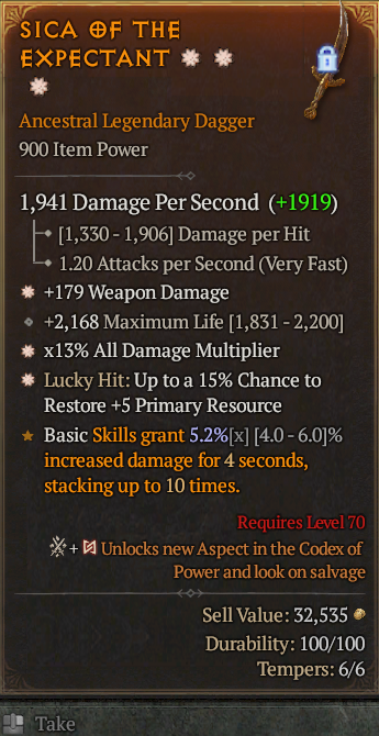 Legendary Dagger Weapon Dmg(GA) AD(GA) Lucky 15% Res// S13 24/7 Online Acc#1C754
