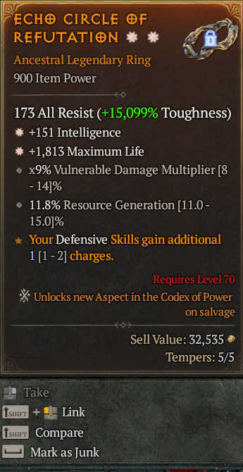 Legendary Ring Int(GA) Life/HP(GA) // S13 24/7 Online Acc#1C756