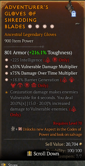 Legendary Gloves Int(GA) Vuln Multi(GA) DoT Multi(GA)/Barrier(GA)/ S13 24/7 Online Acc#1-Kingg15