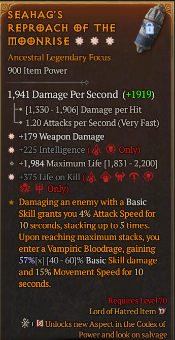 Legendary Focus Weapon Dmg(GA) Int(GA) Life/Kill// S13 24/7 Online Acc#1-Kinggg111