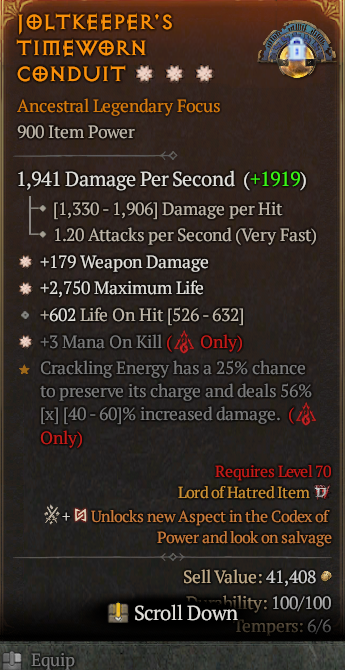 Legendary Focus Weapon Dmg(GA) Life/HP(GA) Mana/Kill// S13 24/7 Online Acc#1-Kinggg31
