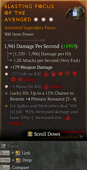 Legendary Focus Weapon Dmg(GA) Life/Kill(GA) Mana/Kill// S13 24/7 Online Acc#1-Kinggg32