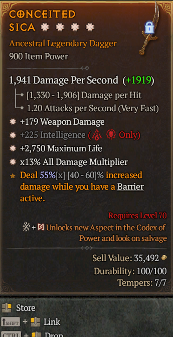 Legendary Dagger Weapon Dmg(GA) Int(GA) Life/HP(GA)/AD(GA)/ S13 24/7 Online Acc#1-Legendary412