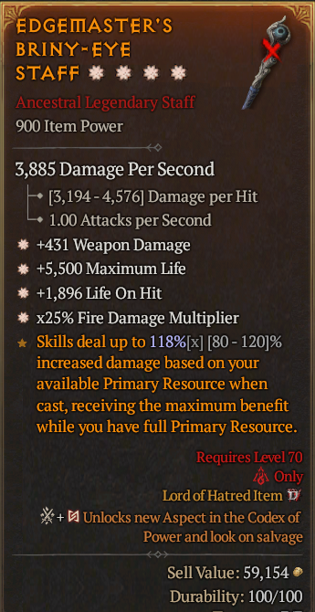 Legendary Staff Weapon Dmg(GA) Life/HP(GA) LoH(GA)/Fire Multi(GA)/ S13 24/7 Online Acc#1-Legendary414