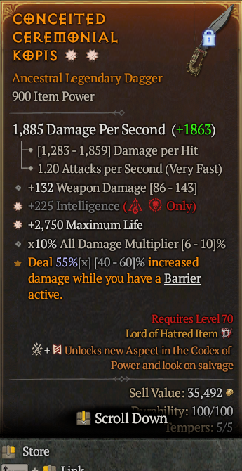 Legendary Dagger Int(GA) Life/HP(GA) // S13 24/7 Online Acc#1-Legendary4110