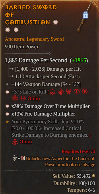 Legendary Sword Life/Kill(GA) DoT Multi(GA) Fire Multi// S13 24/7 Online Acc#1-Legendary429