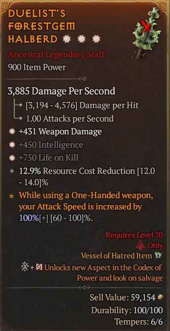 Legendary Staff Weapon Dmg(GA) Int(GA) Life/Kill// S13 24/7 Online Acc#1-Legendary523