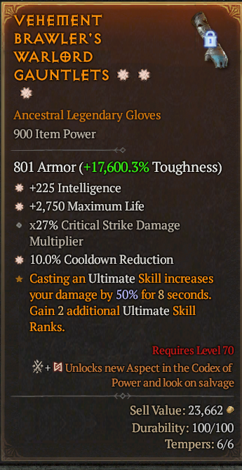 Legendary Gloves Int(GA) Life/HP(GA) 10% CDR// S13 24/7 Online Acc#2C143