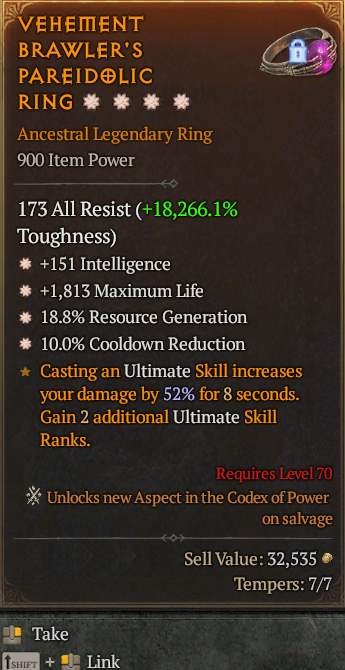Legendary Ring Int(GA) Life/HP(GA) Res Gen/CDR/ S13 24/7 Online Acc#2C154