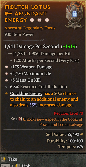 Legendary Focus Weapon Dmg(GA) Life/HP(GA) Mana/Kill// S13 24/7 Online Acc#2C159