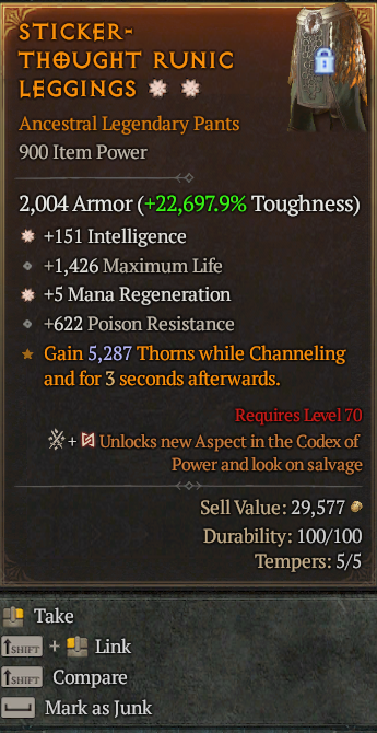 Legendary Pants Int(GA) Mana Regen(GA) // S13 24/7 Online Acc#2C222