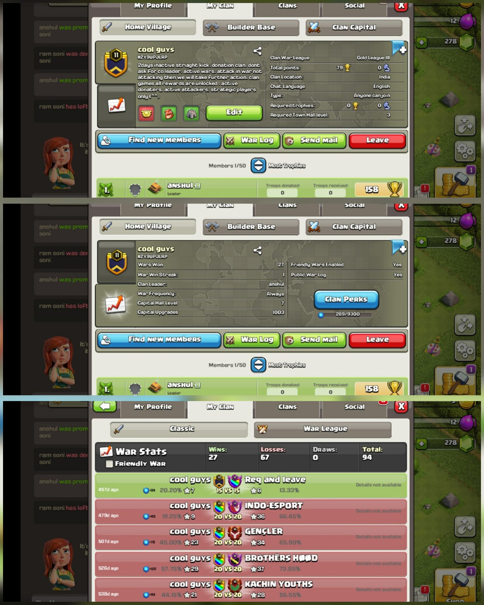 Name-cool guys]CC 7]level11]Gold 3]27 Win-67Loss ]Fast Delivery] Cheap Clan