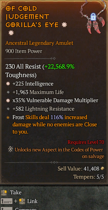 Legendary Amulet Int(GA) Vuln Multi(GA) // S13 24/7 Online Acc#2C3110
