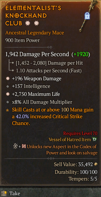 Legendary Mace Weapon Dmg(GA) Life/HP(GA) // S13 24/7 Online Acc#2C327