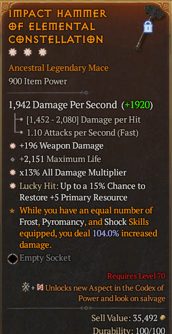 Legendary Mace Weapon Dmg(GA) AD(GA) 15% Lucky// S13 24/7 Online Acc#2C331