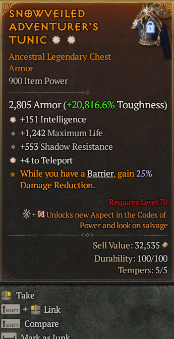Legendary Chest Armor Int(GA) Teleport(GA) // S13 24/7 Online Acc#2C334