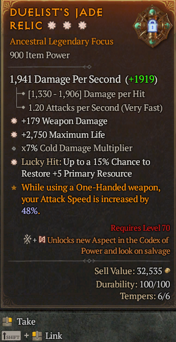 Legendary Focus Weapon Dmg(GA) Life/HP(GA) 15% Lucky// S13 24/7 Online Acc#2C342
