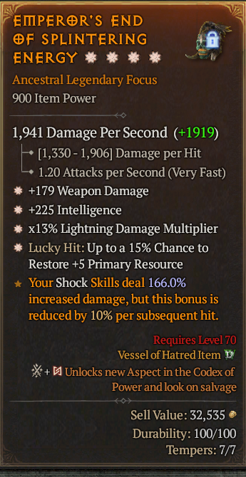 Legendary Focus Weapon Dmg(GA) Int(GA) Lightning Multi/15% Lucky/ S13 24/7 Online Acc#2C359