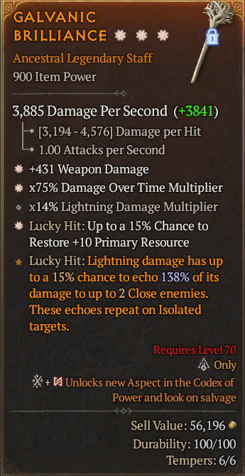 Legendary Staff Weapon Dmg(GA) DoT Multi(GA) 15% Lucky// S13 24/7 Online Acc#2C443