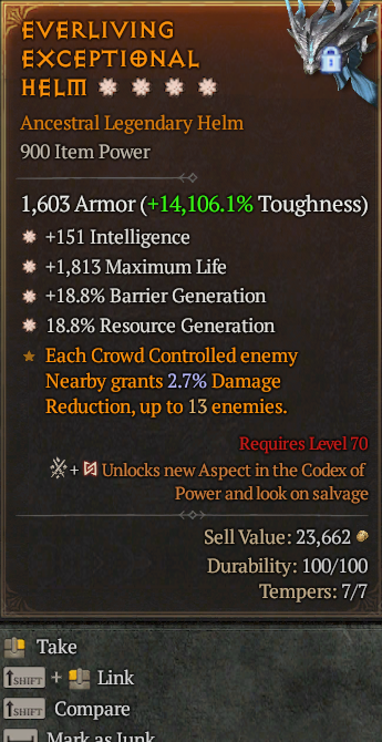 Legendary Helm Int(GA) Life/HP(GA) Barrier/Res Gen/ S13 24/7 Online Acc#2C453