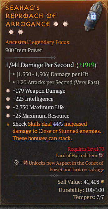 Legendary Focus Weapon Dmg(GA) Int(GA) Life/HP/Max Res/ S13 24/7 Online Acc#2C454
