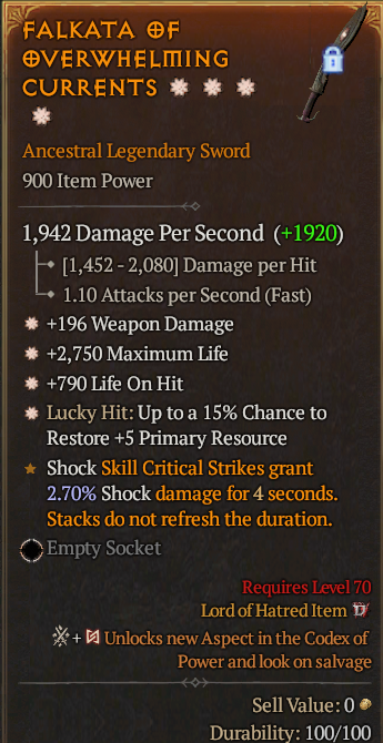 Legendary Sword Weapon Dmg(GA) Life/HP(GA) LoH/15% Lucky/ S13 24/7 Online Acc#2C456