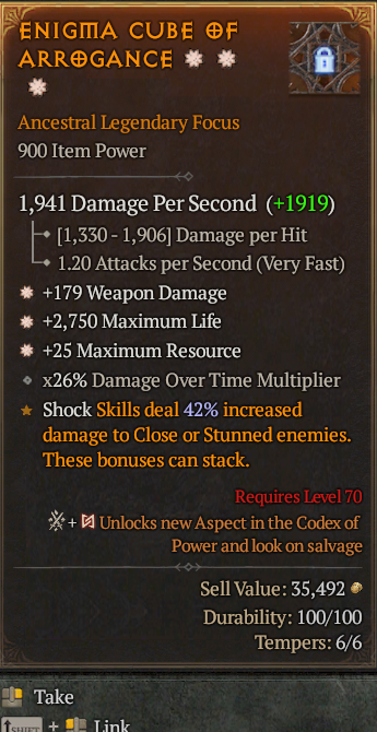 Legendary Focus Weapon Dmg(GA) Life/HP(GA) Max Res// S13 24/7 Online Acc#2C4510
