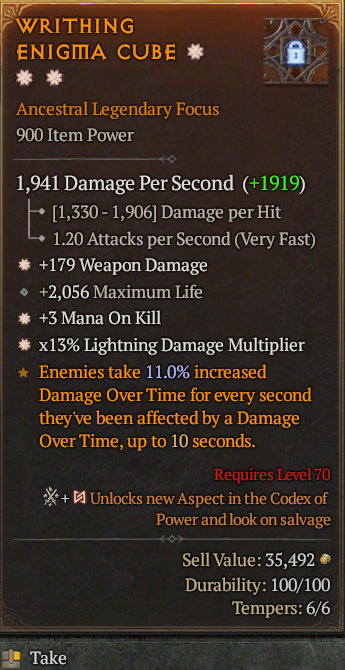 Legendary Focus Weapon Dmg(GA) Max Mana(GA) Lightning Multi// S13 24/7 Online Acc#2C557
