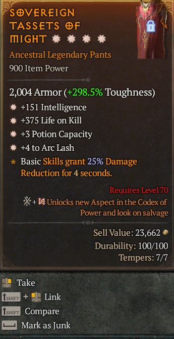 Legendary Pants Int(GA) Life/Kill(GA) Potion Capacity/Arc Lash/ S13 24/7 Online Acc#2C654