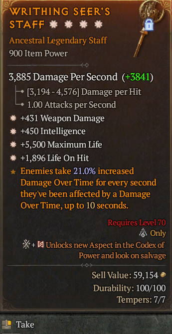 Legendary Staff Weapon Dmg(GA) Int(GA) Life/HP/LoH/ S13 24/7 Online Acc#2C719