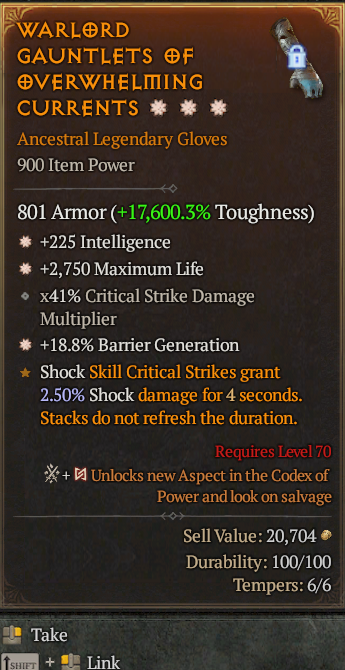 Legendary Gloves Int(GA) Life/HP(GA) Barrier// S13 24/7 Online Acc#2C742