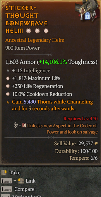 Legendary Helm Life/HP(GA) Regen(GA) CDR// S13 24/7 Online Acc#2C754