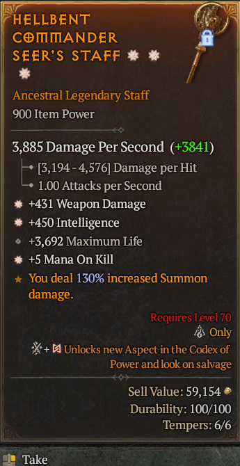 Legendary Staff Weapon Dmg(GA) Int(GA) Mana/Kill// S13 24/7 Online Acc#2C758