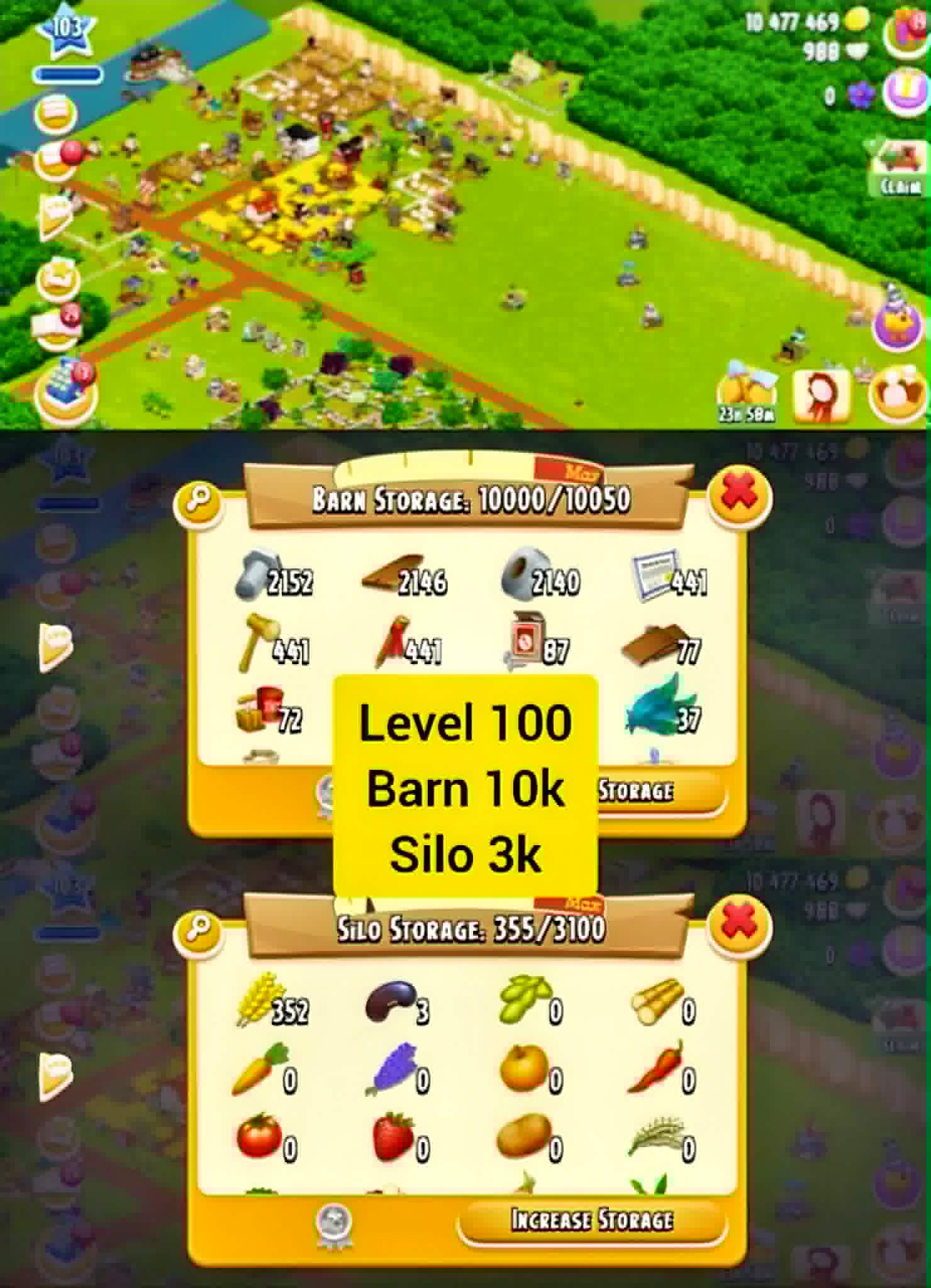 100 level | 10000 Barn Storage | Silo Storage 3100 | 10 Million+ Coin | 900+ gems | Android & IOS