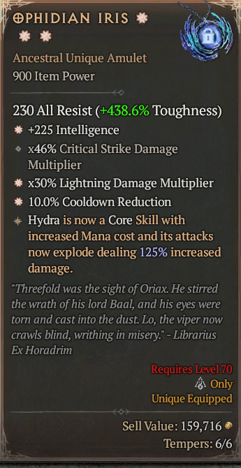 Ophidian Iris 3GA ? Unique Amulet ? Full Max Roll S13 24/7 Online Acc#2JINX23